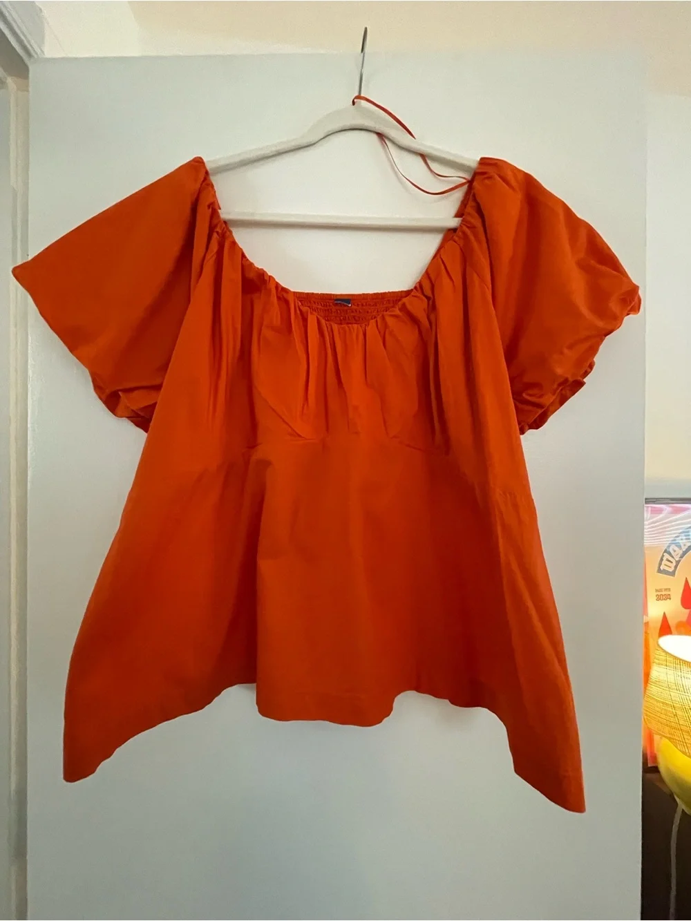 Red/Orange Puff Sleeve Scoop Neck Top - Size XXL.